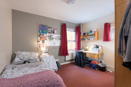 A band 3 shared bathroom bedroom in James College. Example room layout. Actual layout and furnishings may vary. 